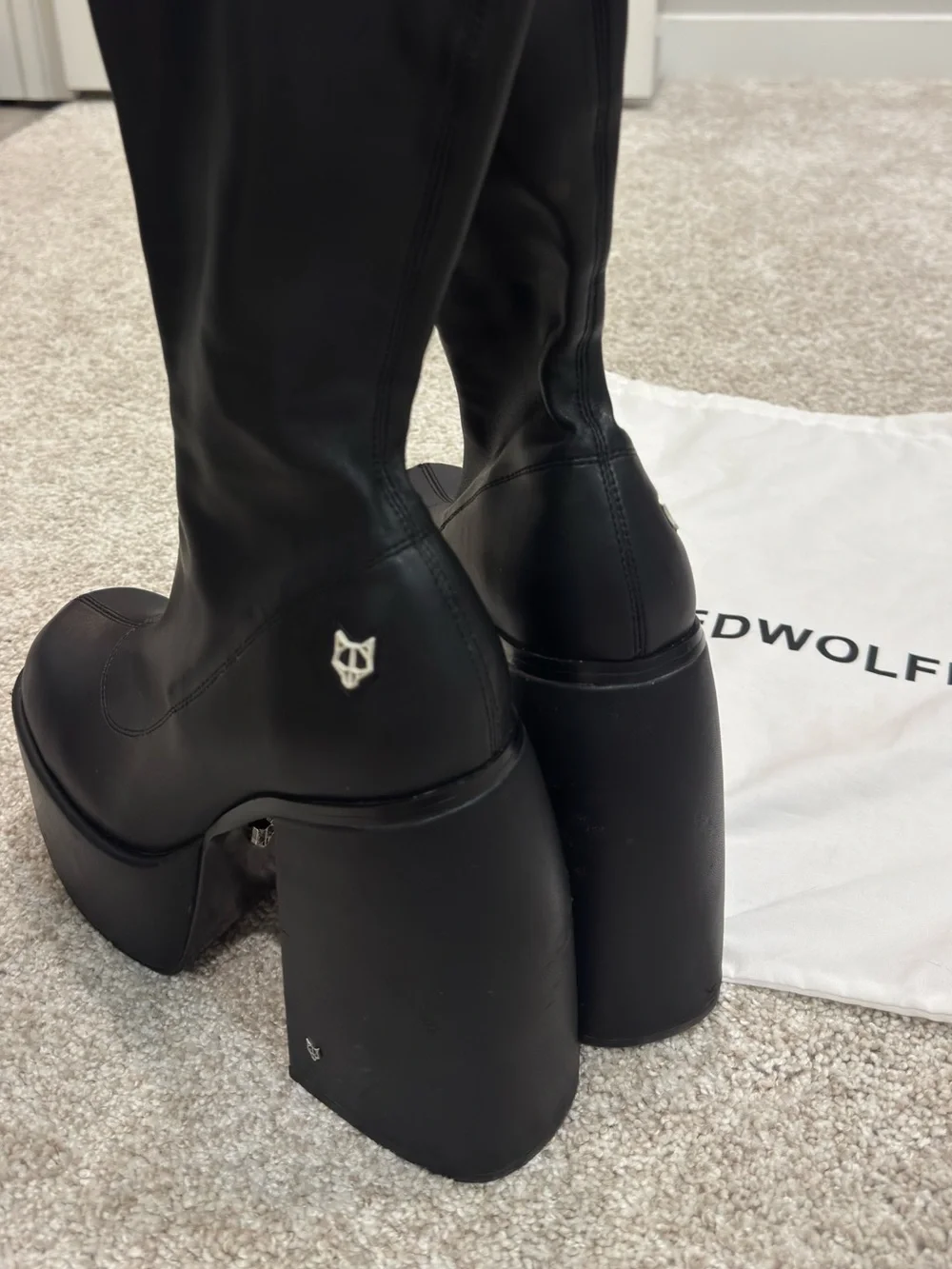 Naked Wolfe Black Platform Boots with Silver Fox Emblem - Women